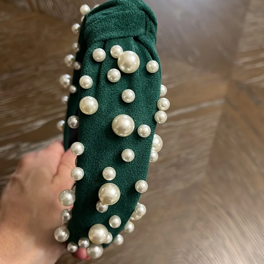 Green faux suede with pearls headband